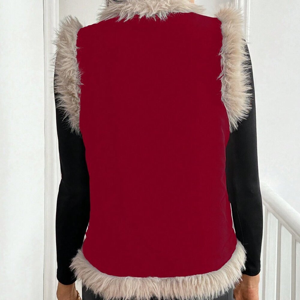 Burgundy Casual Women's Floral Patchwork Furry Vest Padded Padded Coat - Picture 2 of 5